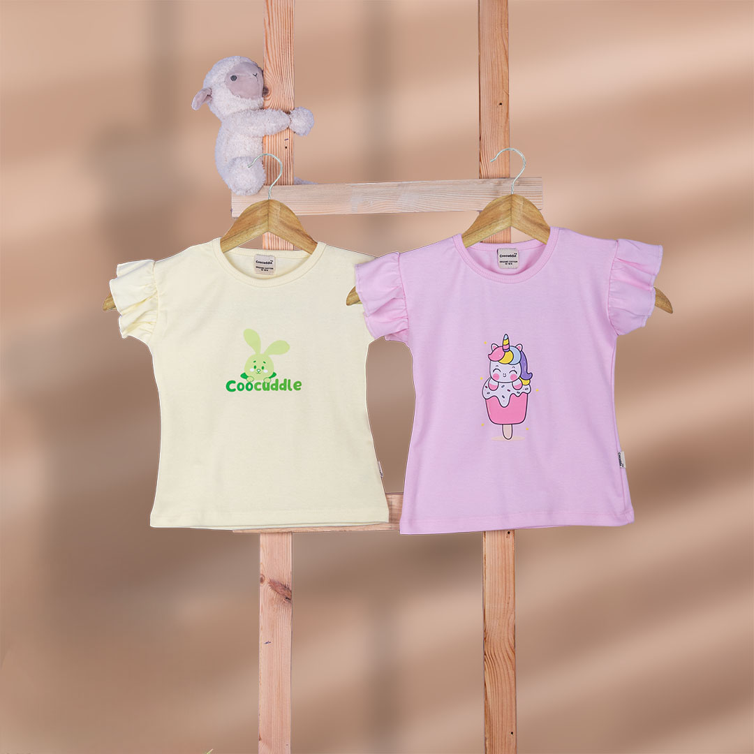 Organic Cotton Girls Frill Tshirt: Pastel Yellow & Pink-a-boo Icecream - Set of Two