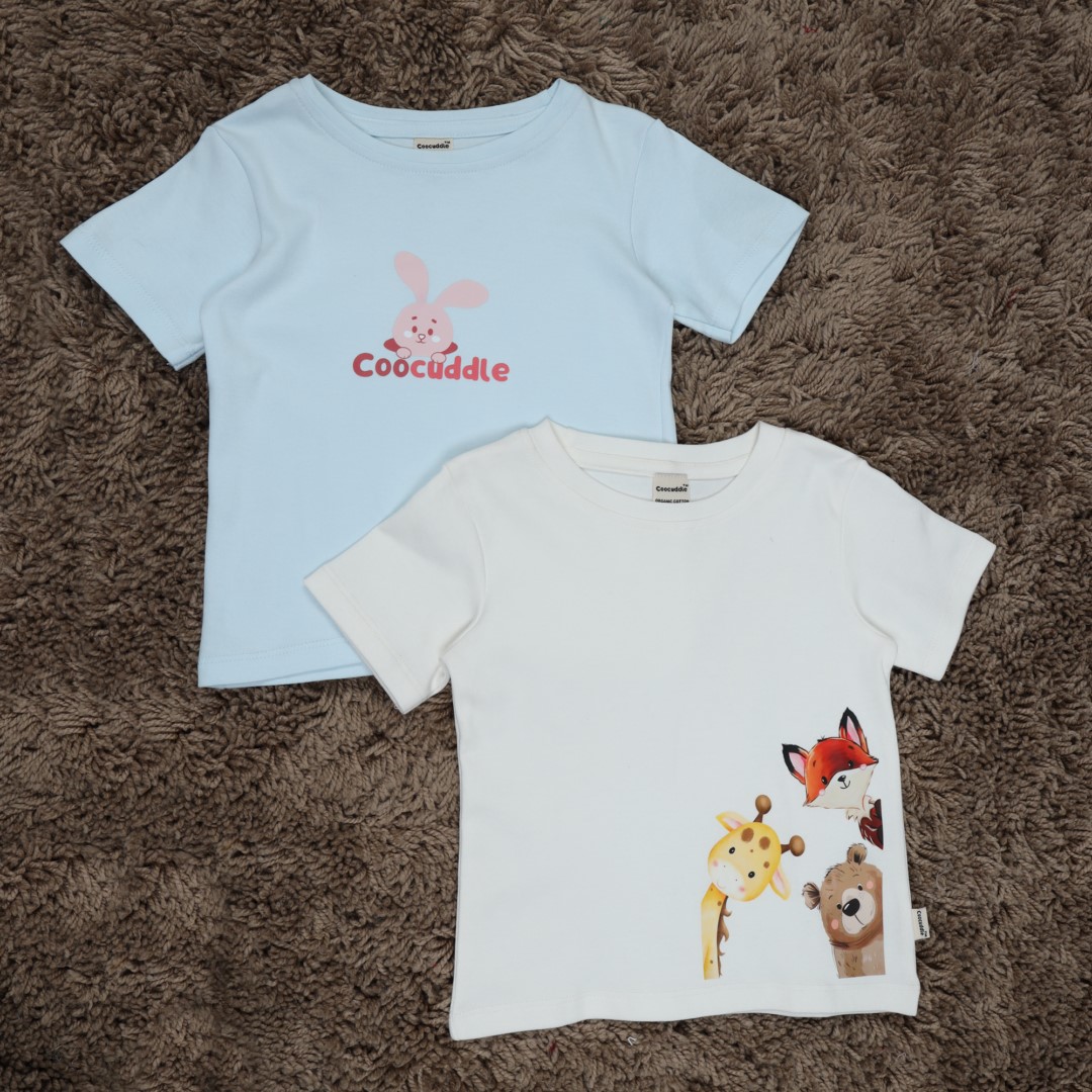 Organic Cotton Baby Tshirt: Ice Melt Coocuddle & Silver White Animals – Set of Two