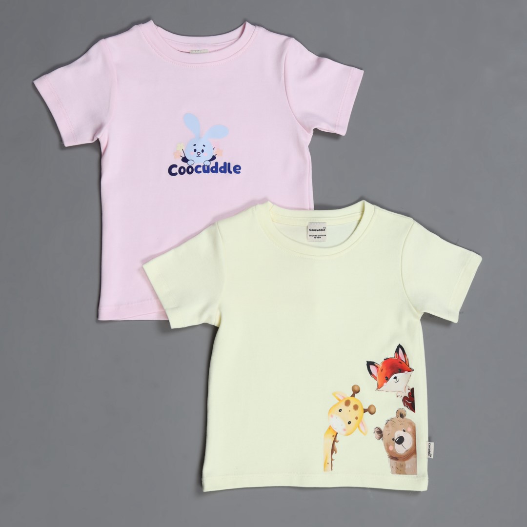 Organic Cotton Baby Tshirt: Pink-a-boo Coocuddle & Pastel Yellow Animals – Set of Two