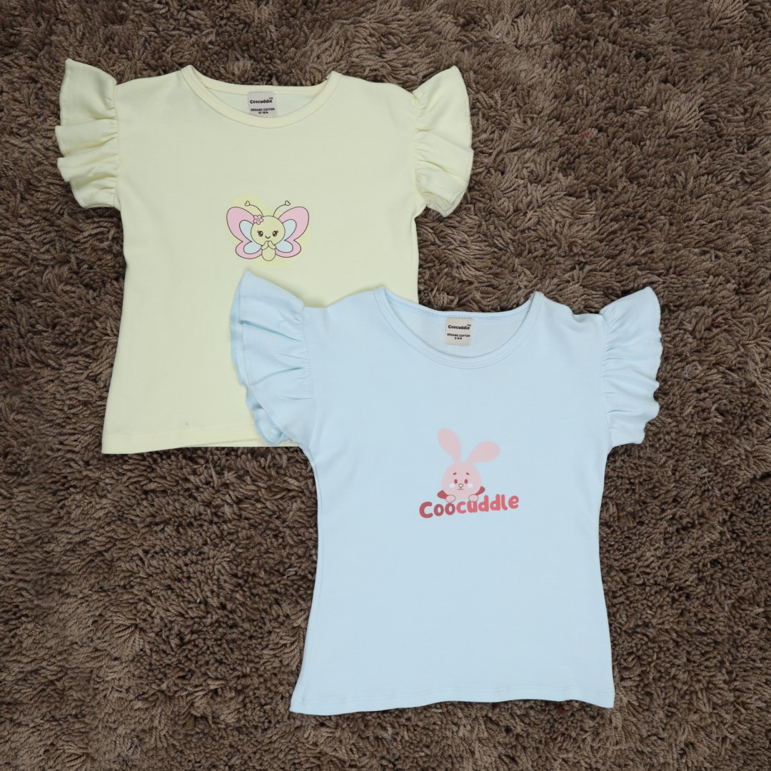 Organic Cotton Girls Frill Tshirt: Pastel Yellow Butterfly & Ice Melt Coocuddle – Set of Two