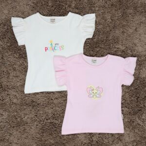 Organic Cotton Girls Frill Tshirt: Pink-a-boo Butterfly & Silver White Princess: Set of Two