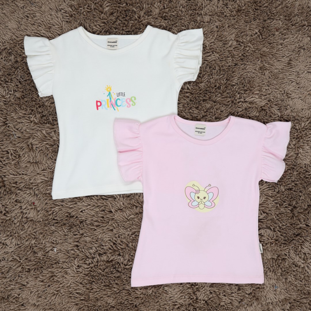Organic Cotton Girls Frill Tshirt: Pink-a-boo Butterfly & Silver White Princess: Set of Two