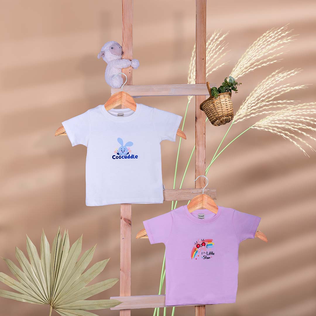 Organic Cotton Baby Tshirt: Silver White Coocuddle & Pink-a-boo Little Star – Set of two