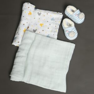 Bamboo Muslin Swaddle: Cartoon & Plain Mint Grey – Set of Two