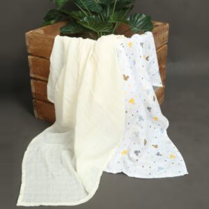 Bamboo Muslin Swaddle: Cartoon & Plain Lemon – Set of Two