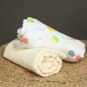 Bamboo Muslin Swaddle: Animals & Plain Lemon – Set of Two
