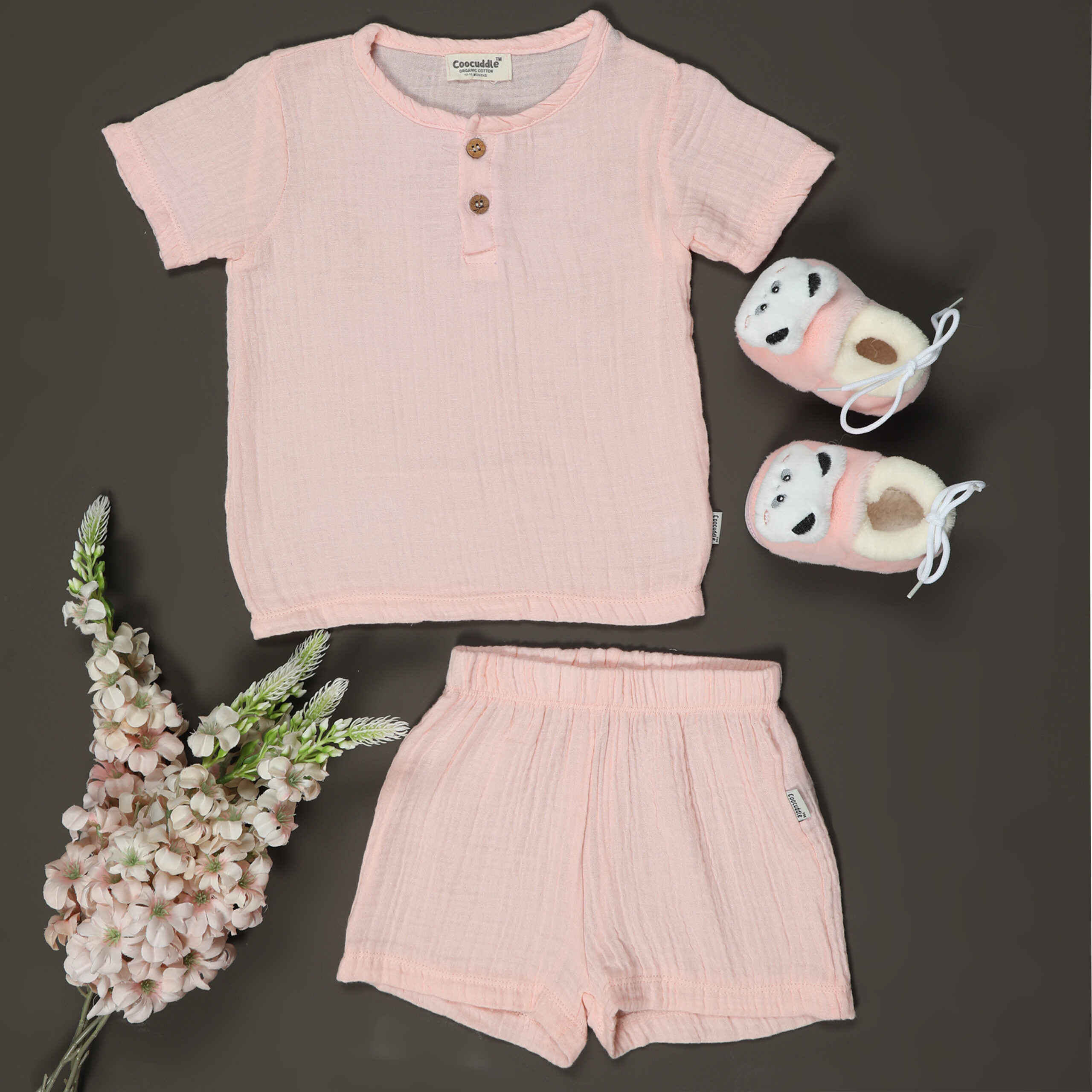 Organic Muslin Cotton Tshirt Short Set : Peach