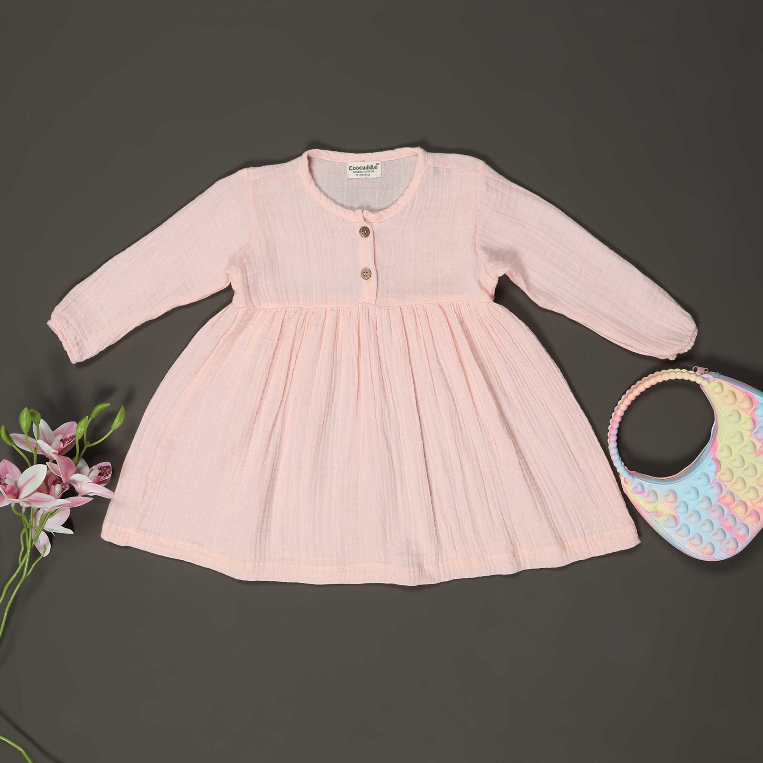Muslin Organic Cotton Baby Frock : Peach