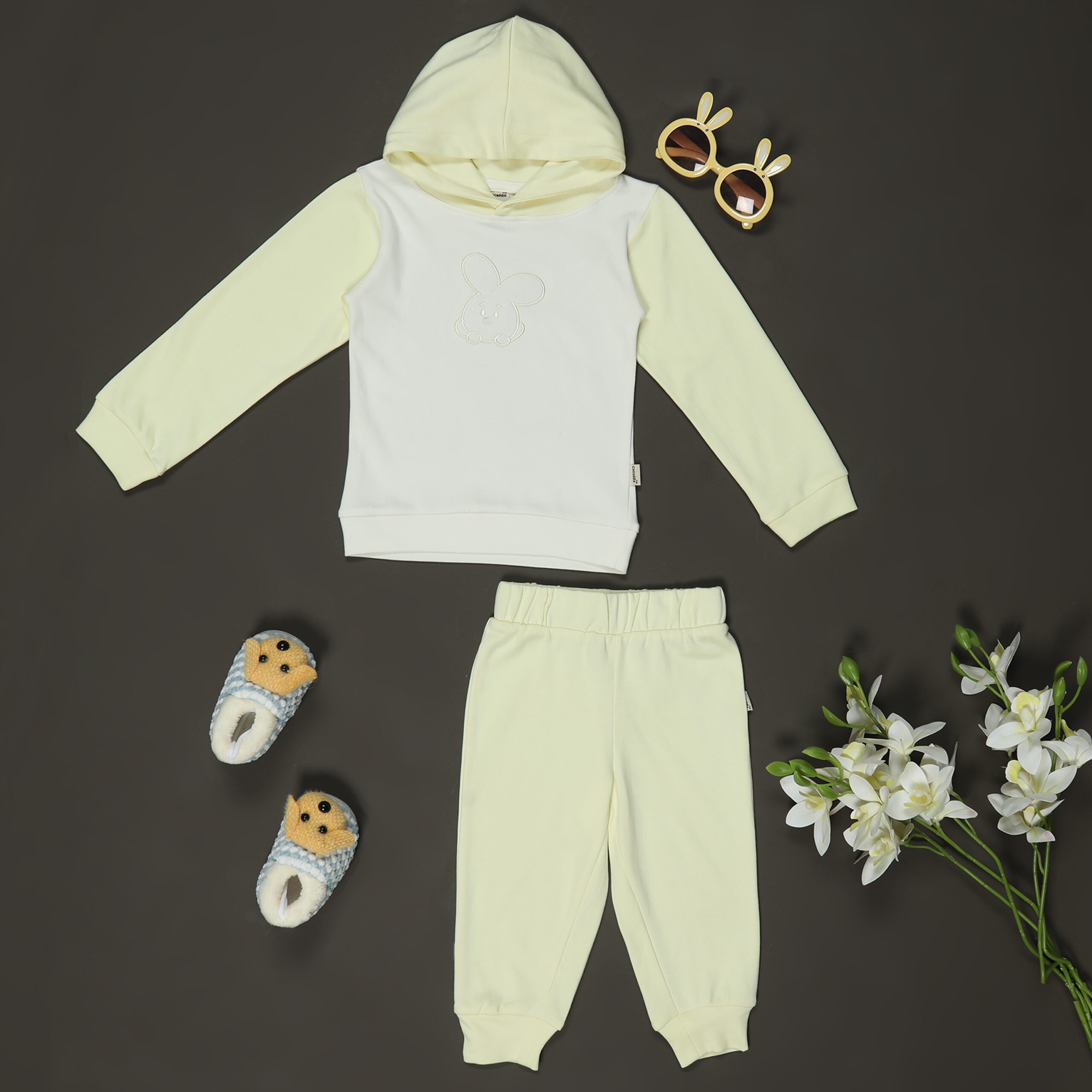 Organic Cotton Hoodie Joggers Set with applique work : Pastel Yellow - Image 2