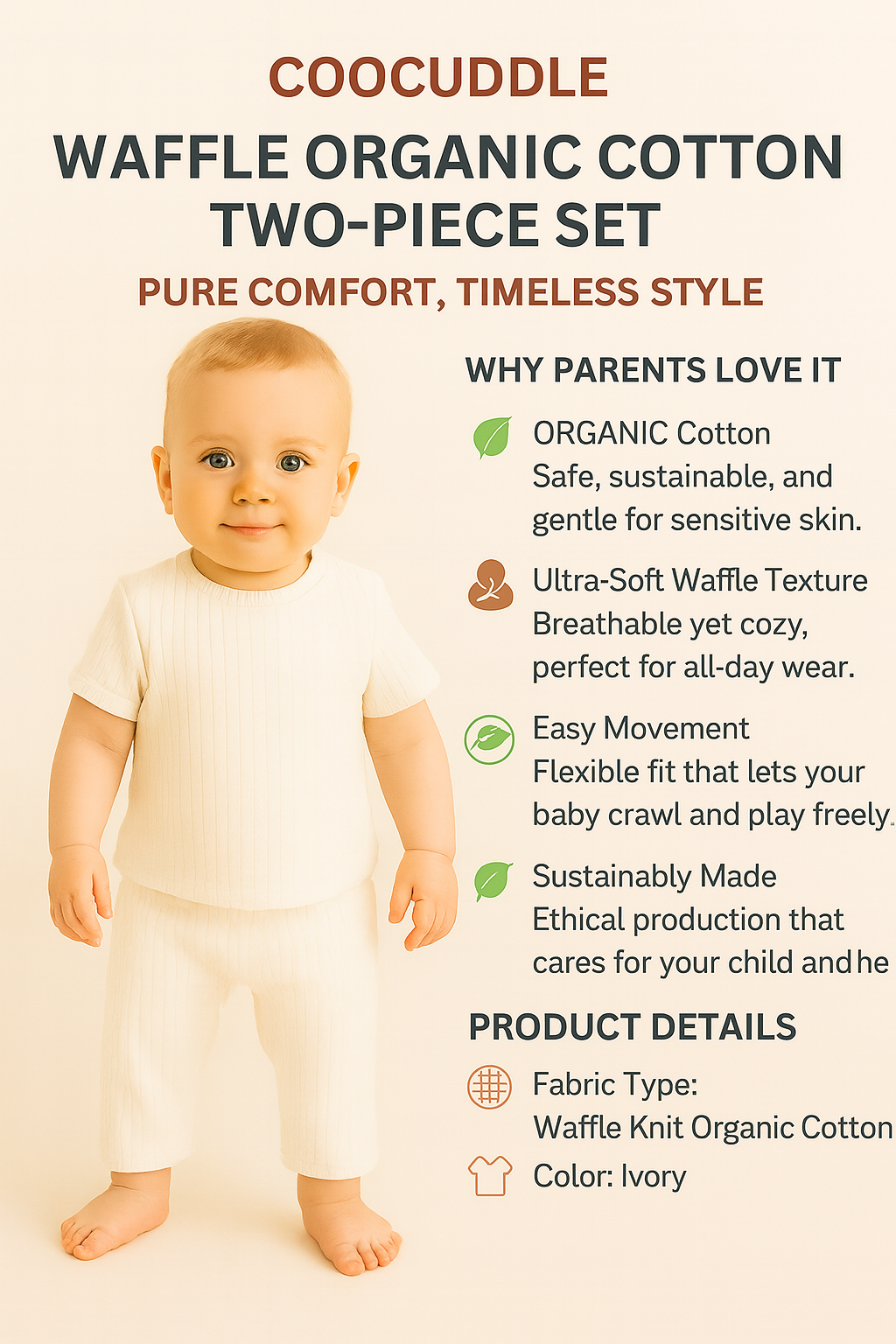 Waffle Organic Cotton Tshirt Lower Set : Ivory - Image 3