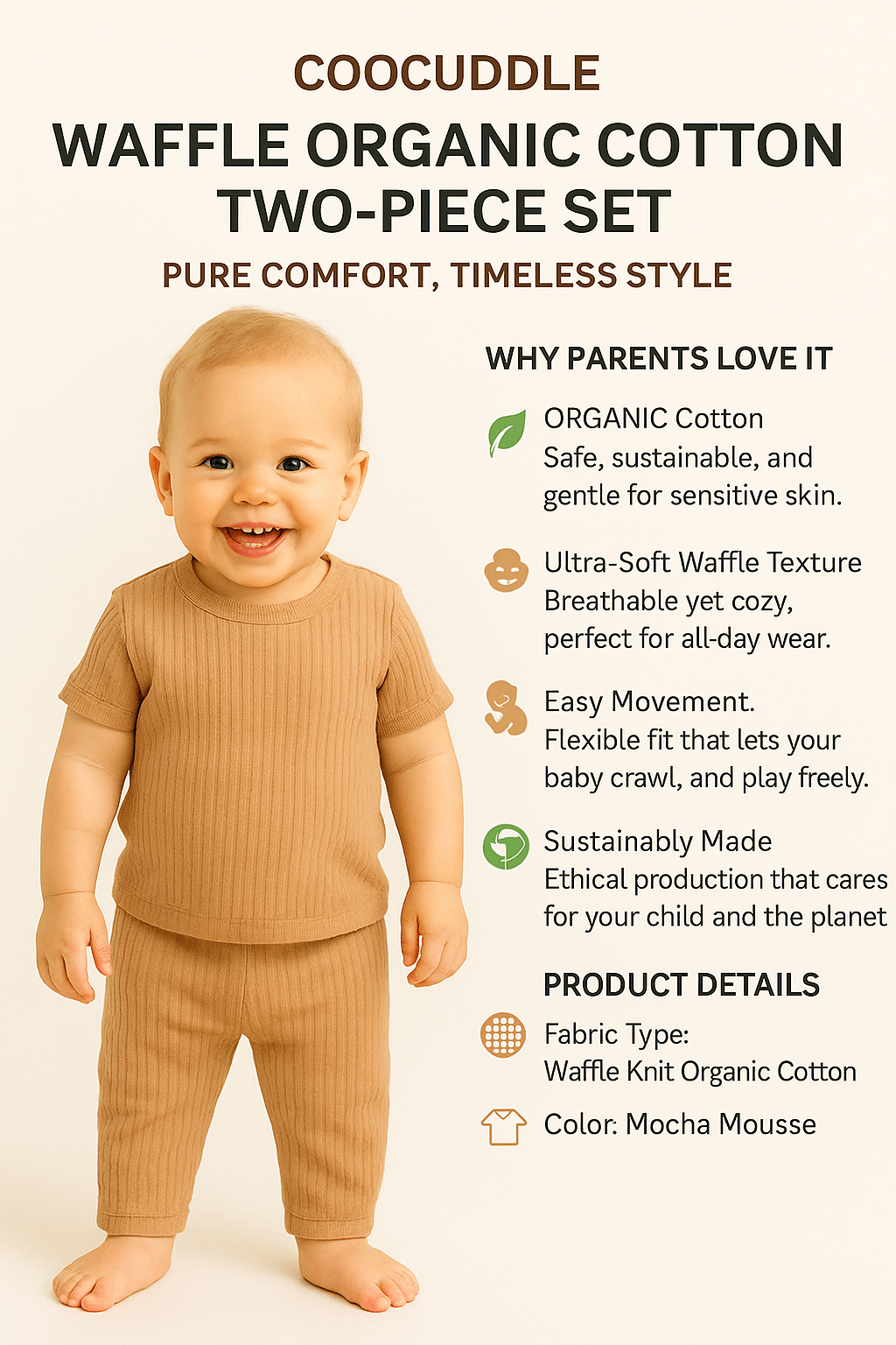 Waffle Organic Cotton Tshirt Lower Set : Mocha Mousse - Image 3