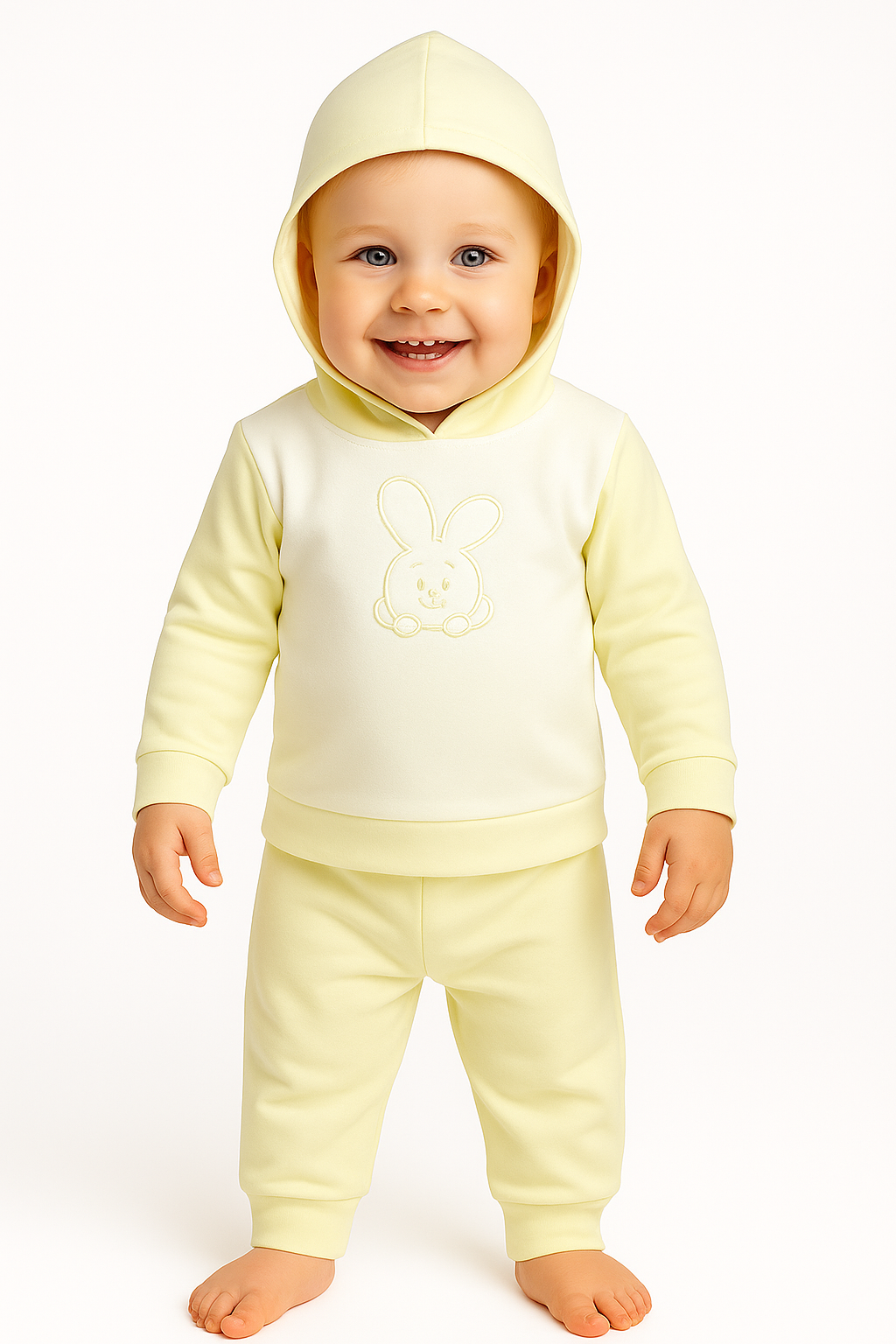 Organic Cotton Hoodie Joggers Set with applique work : Pastel Yellow