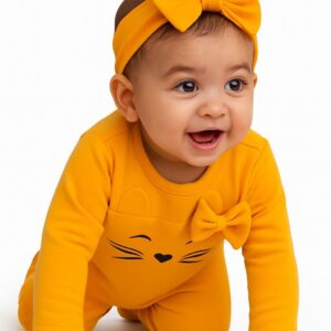 Cute Romper with print and bow - Blazing Orange