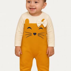 Cute Romper with print and bow - Blazing Orange and Cloud Cream