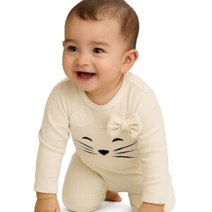 Cute Romper with print and bow - Cloud Cream