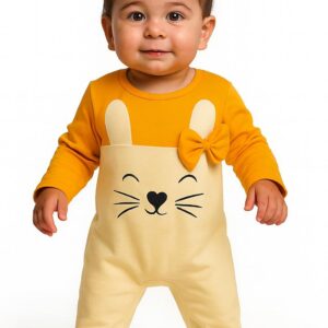 Cute Romper with print and bow - Blazing Orange and Cloud Cream